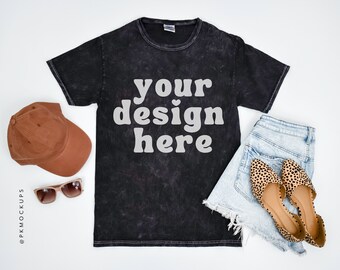 Colortone 1300 Mock Up in black, mineral wash Color tone unisex tee mock up, Flatlay Tshirt Mock-up, Minimal modern Shirt, flat lay mockups