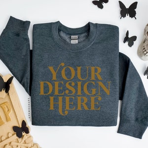 Gildan 18000 Dark Heather Mockup, Boho Halloween Sweatshirt Mock up, Crewneck Flat lay Mockups, Fall Flatlay Sweater mockup, Printful G180