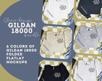 Gildan 18000 Mockup Bundle, Sleeve design G18000 Mock up, folded flatlay mockups, trendy sweater flat lay mock, aesthetic sweatshirt mock-up