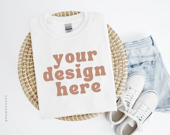 White Gildan 5000 Mockup, Folded t-shirt Mockups, Printful tee Mock-up, Print on demand, G5000 mock-up, printify mock-ups, minimalist mocks