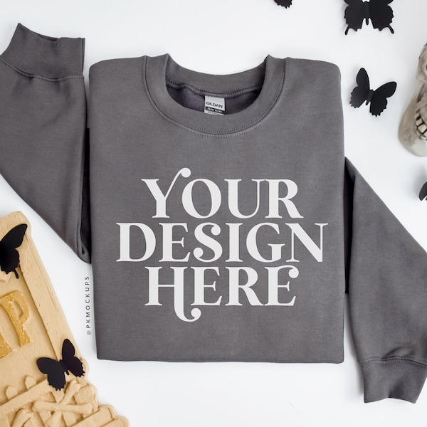 Gildan 18000 Charcoal Mockup, Boho Halloween Sweatshirt Mock up, Crewneck Flat lay Mockups, Fall Flatlay Sweater mockup, Printful G180 mock