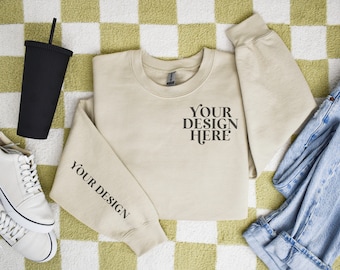 Sand Gildan 18000 Sleeve Mockup, G180 Flatlay Sweatshirt mock up, Folded Flat lay sweater mock-up, Print on demand Gildan18000 mockups