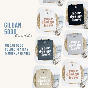 Gildan 5000 Mock up Bundle, Heavy cotton tshirt mockup, simple shirt folded flat lay, G5000 print on demand tee, Minimalist Printful mock-up