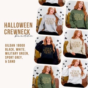 Gildan 18000 Mockup Bundle, Boho Neutral Halloween modeled sweater Mock ups, G18000 modern Crewneck Mock-ups, women model sweatshirt mock-up