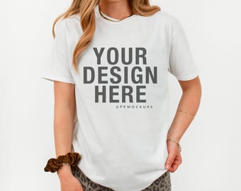 Gildan softstyle White tshirt mockup 64000 tee Mock up Gildan mocks boho white background model Mock-up POD tee Modeled mock aesthetic