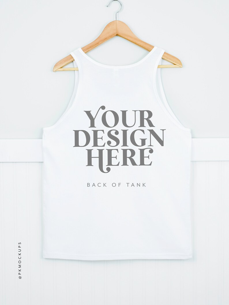 May include: White tank top with the text "YOUR DESIGN HERE" and "BACK OF TANK" printed on the back.