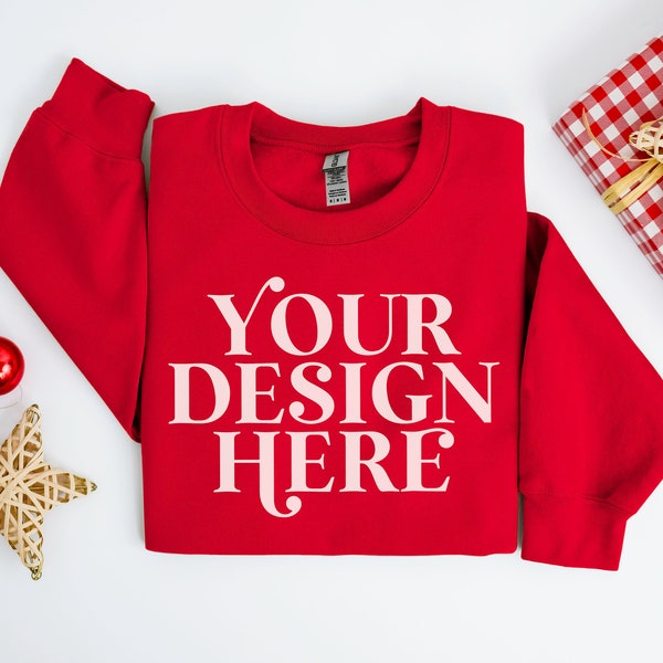 Gildan 18000 Mockup Red, Christmas Sweatshirt mock up, G180 mockups, holiday crewneck, festive sweater mock-up, Print on demand mocks