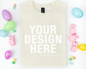 Gildan 64000 Easter Mockup in Natural Softstyle Tshirt Mock up for Spring folded Flatlay tee mock-up G64000 simple Mock POD G640 mockups