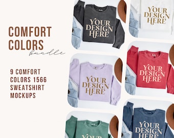 Pacchetto di mockup Comfort Colors 1566, mockup di felpa Flatlay, mockup di maglione C1566 piegato in stile retrò, mockup di printify moderni e semplici