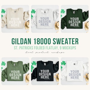 Puede incluir: Nueve maquetas de un suéter Gildan 18000 doblado en plano sobre un fondo de trébol verde. Los suéteres son de varios colores, incluyendo blanco, negro, gris jaspeado y verde. El texto "YOUR DESIGN HERE" está impreso en cada suéter.