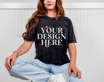 Colortone 1300 Black mock up, C1300 Tshirt Model Mockup, Oversized tee mock, Color tone unisex mineral wash tee mock-up, Minimal Shirt mock