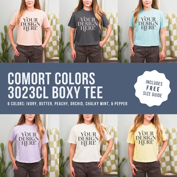 Comfort Colors 3023CL Boxy tee Mockup Bundle Real Model tee mock up Trendy crop tee mock up bundle 3023 CL t-shirt bundle free size chart