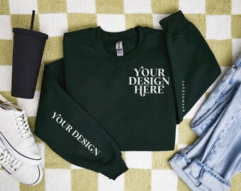 Gildan 18000 Sleeve Mockup in Forest, G180 Flatlay Sweatshirt mock up, Folded Flat lay sweater mock-up, Print on demand Gildan18000 mockups