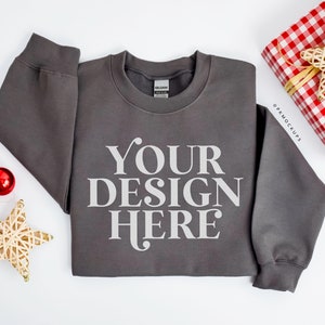 Gildan 18000 Mockup Charcoal, Christmas Sweatshirt mock up, G180 mockups, holiday crewneck, festive sweater mock-up, Print on demand mocks