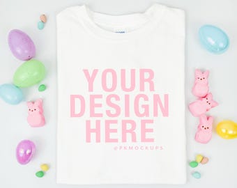 Gildan 64000 Easter Mockup in White Softstyle Tshirt Mock up for Spring folded Flatlay tee mock-up G64000 simple Mock POD G640 mockups