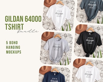 Gildan 64000-modelbundel, Boho Softstyle 64000-mock-up, minimalistisch hangend model, moderne eenvoudige flatlay-mockups, geknoopte G64000-mockups