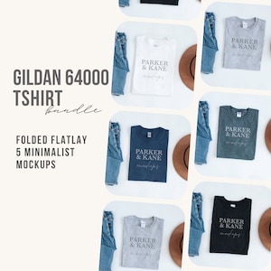 Gildan 64000 Mockup Bundle, Softstyle 64000 tshirt mock-ups, minimalist flat lay mock up, folded flatlay mock-up, POD Printful mock-ups