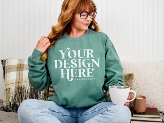 Fall Comfort Colors 1566 Mockup, Light Green C1566 Autumn Mock up, Bookish Teacher t-shirt mockups, Retro tee woman model, Cozy vibes shirt