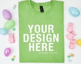 Gildan 64000 Easter Mockup in Kiwi Green Softstyle Tshirt Mock up for Spring folded Flatlay tee mock-up G64000 simple Mock POD G640 mockups