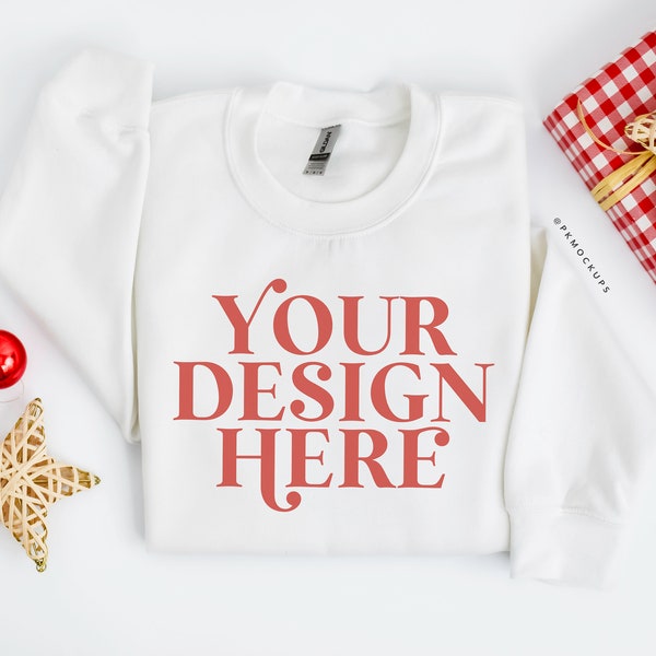 Gildan 18000 Mockup, White Christmas Sweatshirt mock up, G180 mockups, vakantie crewneck, feestelijke trui mock-up, Print on demand mocks