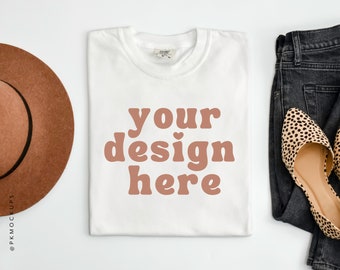 White C1717 Mockup, Comfort Colors 1717, lifestyle shirt Mock up, Boho flat lay t-shirt mockups, Retro tee Flatlay, Printify Print on demand