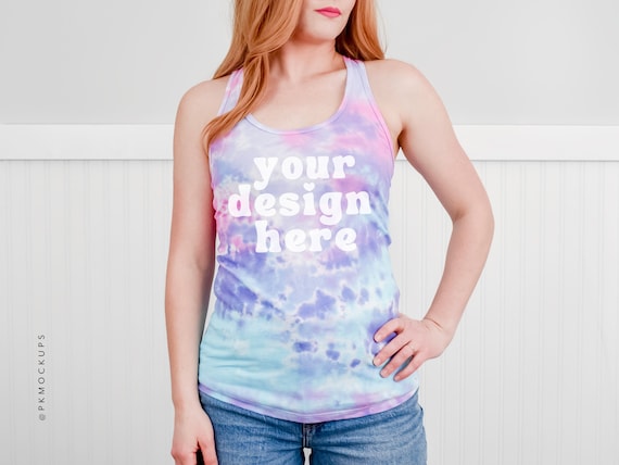 Colortone 3400 mockup, Cotton Candy tank top Mock up, Tie Dye racerback Mockups, Modeled tie-dye Spring mock ups, model summer mock-up