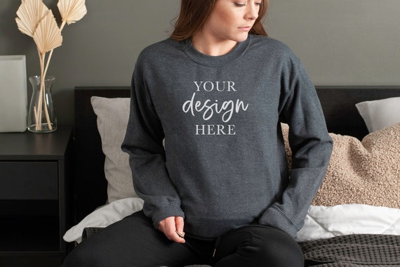 Gildan 18000 Sweatshirt Mockup Dark Heather Blank Styled Photo High Resolution Download Moody Dark Background Bedroom Scene Etsy Canada