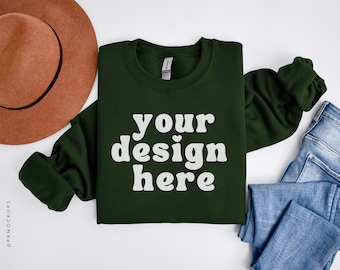 Gildan 18000 Forest Green Crewneck Mockup, Sweatshirt Mock up, Flat lay Mockups, Folded G180 Mock, Sweater mockup, Print on demand Flatlay
