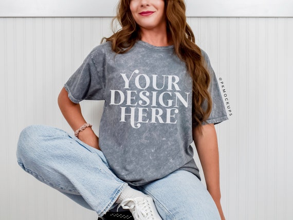 Colortone 1300 Grey mock up, C1300 Tshirt Model Mockup, Oversized tee mock, Color tone unisex mineral wash tee mock-up, Minimal Shirt mock