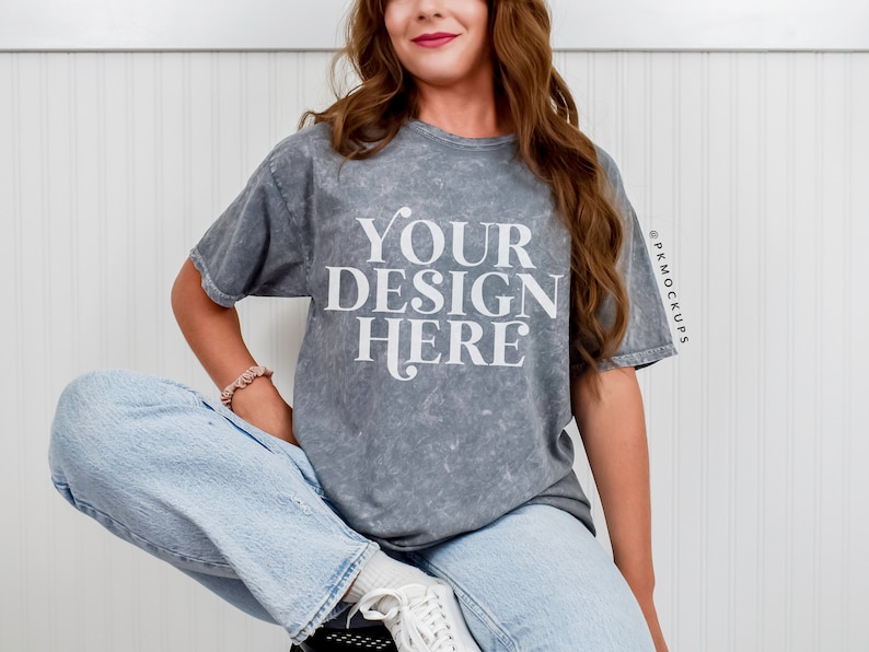 Colortone 1300 Grey mock up, C1300 Tshirt Model Mockup, Oversized tee mock, Color tone unisex mineral wash tee mock-up, Minimal Shirt mock image 1