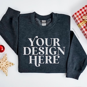 Gildan 18000 Mockup Dark heather, Christmas Sweatshirt mock up, G180 mockups, holiday crewneck, festive sweater mock-up, Print on demand