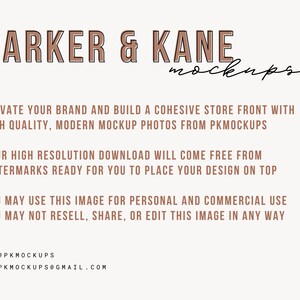 May include: A beige background with the text "PARKER & KANE mockups" in brown. The text below reads: "ELEVATE YOUR BRAND..." and "YOUR HIGH RESOLUTION DOWNLOAD..." and "YOU MAY USE THIS IMAGE..." with social media handles.