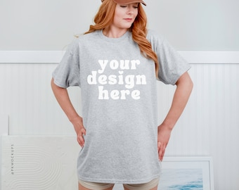 Gildan 5000 Mock up, Sport Grey Oversized shirt Mockups, trendy model Mock-up, Print on demand, G5000 mock-up, minimalist lifestyle mock ups