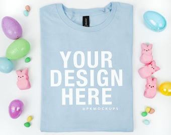 Gildan 64000 Easter Mockup in Light Blue Softstyle Tshirt Mock up for Spring folded Flatlay tee mock-up G64000 simple Mock POD G640 mockups