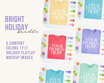 C1717 Mockup Bundle, Christmas Comfort Colors tshirt mock up, Rainbow Holiday flat lay, Bright Flatlay Mockups, Pastel Christmas mockups