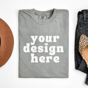 Grey Comfort Colors 1717 Mockup, C1717 tshirt Mock up, Boho flat lay t-shirt mockups, Gray Retro tee Flatlay, Printify Print on demand mocks
