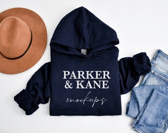 Gildan 18500-mockup, marineblauwe hoodie-mockup, Gildan-sweater, platliggende testmodellen, G185-mockup, gevouwen mock-up, printful flatlay, printify-mockup