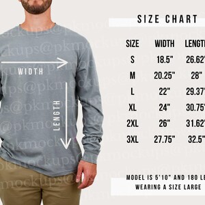 May include: Size chart for a long-sleeved shirt in grey. The chart shows the width and length measurements in inches for sizes S, M, L, XL, 2XL, and 3XL. The model is 5'10" and 180 lbs wearing a size large.