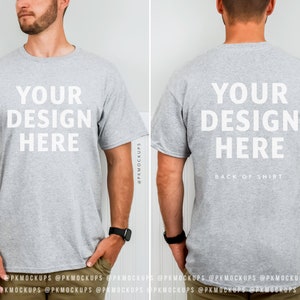 Gildan 5000 Mens Sport Grey Mockup, Front and Back of Heavy cotton shirt, male model Mock up, simple G5000 mock, man minimalist lifestyle