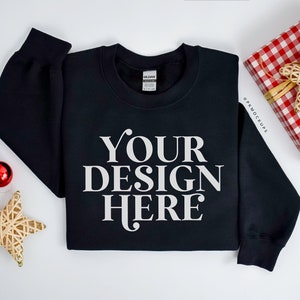 Gildan 18000 Mockup Black, Christmas Sweatshirt mock up, G180 mockups, holiday crewneck, folded flatlay sweater mock-up, Print on demand