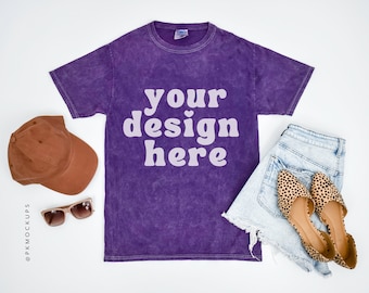 Colortone 1300 Purple Mock Up, mineral wash Color tone unisex tee mock up, Flatlay Tshirt Mock-up, Minimal modern Shirt, flat lay mockups
