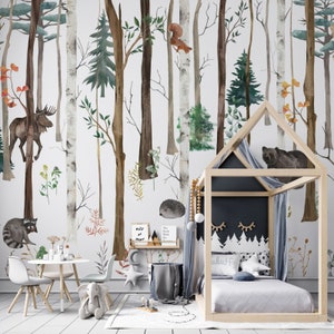 May include: A wall mural featuring a watercolor forest scene with a moose, raccoon, squirrel, hedgehog, and bear. The design includes tall brown and white trees, green pine trees, and small plants. A house-shaped bed frame sits in the foreground.