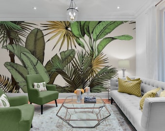 Papel pintado de hojas de palmera verdes - Decoración de pared tropical autoadhesiva
