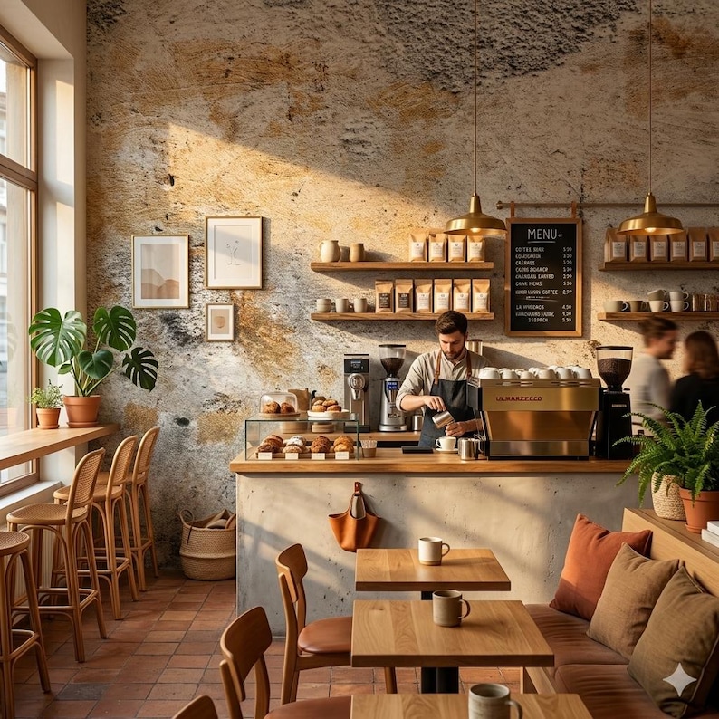Puede incluir: Interior de una cafeter&iacute;a con un barista preparando una bebida. La tienda cuenta con mesas y sillas de madera, una barra de hormig&oacute;n y una pizarra de men&uacute;. Plantas decorativas y obras de arte enmarcadas contribuyen al ambiente. Las paredes tienen un aspecto texturizado y envejecido.
