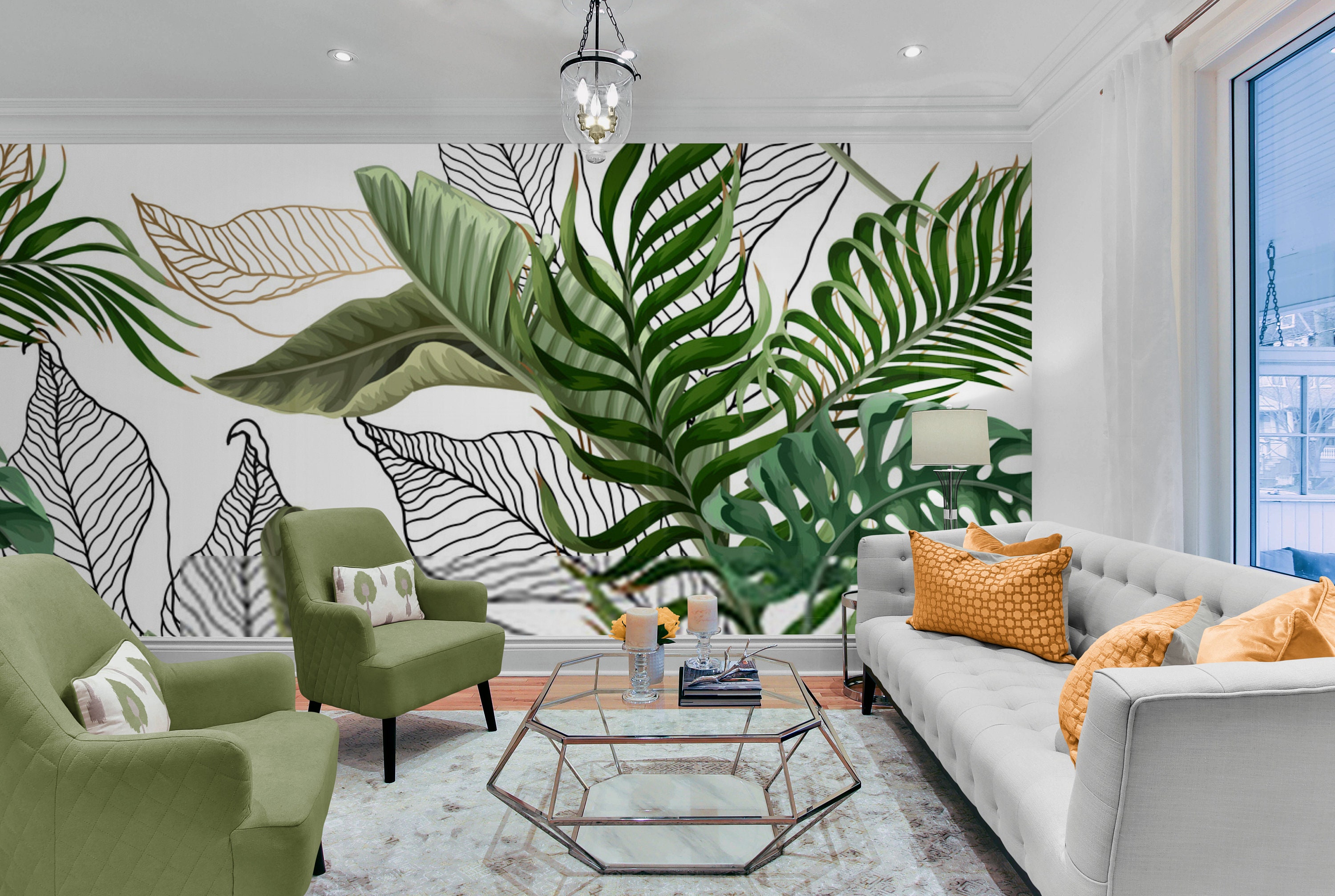 Tropical Green Leaves Wallpaper Mural: Peel and Stick Wall Art - Etsy