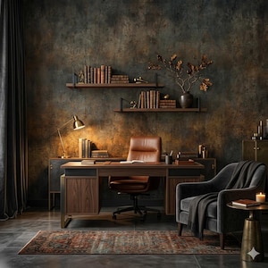 May include: A home office featuring a brown leather swivel chair, a wooden desk with metal accents, and two wall-mounted shelves holding books and a vase. A dark gray armchair with a throw blanket sits nearby, alongside a brass lamp and a rug.