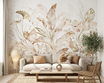 Neutral Boho Watercolor Tropical Beige Wallpaper (Peel and Stick)