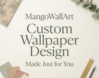 Puede incluir: Un anuncio de servicio de diseño de papel tapiz personalizado con el texto MangoWallArt Custom Wallpaper Design Made Just for You. La imagen incluye una muestra de papel con patrón floral, una rama de eucalipto, muestras de color y una regla.