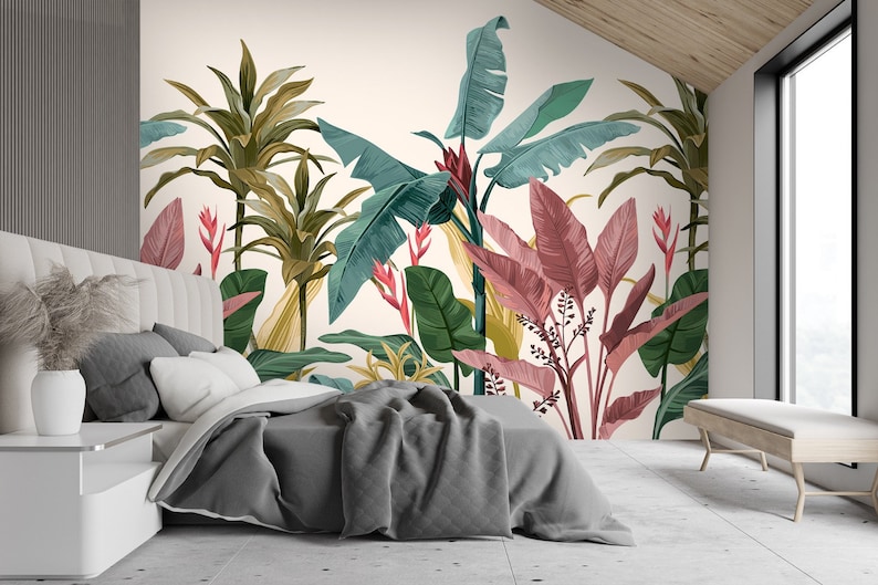 Colorful Banana Leaves Wallpaperliving Room Wall Decor Etsy