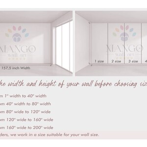 Op de afbeelding: Afbeelding met afmetingen van wandkunst. De tekst luidt "MANGO wall art". De afbeelding toont een kamer met afmetingen van 300 cm hoog en 400 cm breed. Er worden instructies gegeven voor het meten van de muur voordat u bestelt.
